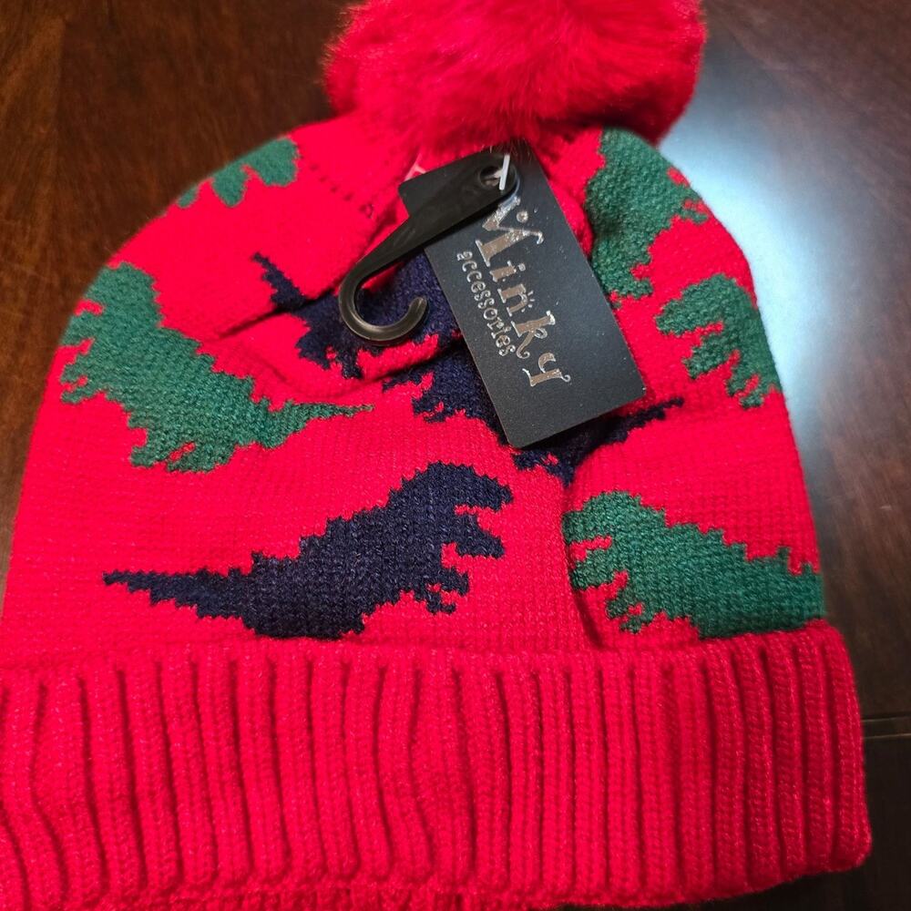 Minky Red Dinosaur Pom Pom infant Beanie Hat NWT